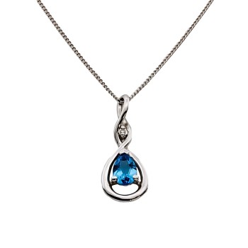 9ct White Gold Blue Topaz / Diamond Pendant with Chain